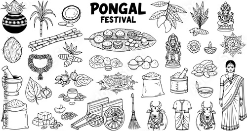 Pongal Festival Hand-drawn Vector Elements Set: Traditional Indian Harvest Celebration Symbols, Food, Deities, Cultural Items, and Decorations Outline.