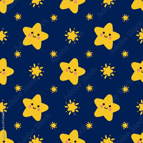 Seamless Cute Star Pattern with Smiling Yellow Stars on Dark Blue Background for Kids Design and Nursery Decor