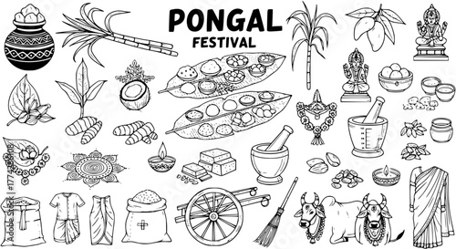 Pongal Festival Black and White Doodle Elements Set. Hand-drawn South Indian Harvest Celebration Symbols: Sugarcane, Turmeric, Pot, Deity, Bullocks, Food, Clothes.