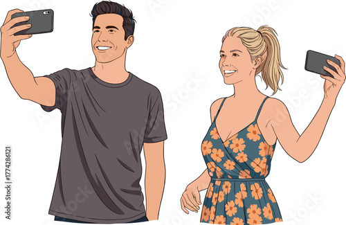 Happy man and woman taking selfies with smartphone, smiling friends enjoying summer time, casual outfit, cheerful lifestyle, digital communication, modern social media connection illustration