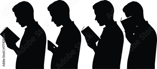 Silhouette of man reading book in different poses, black male figure holding open book, education, study, learning, and knowledge concept illustration
