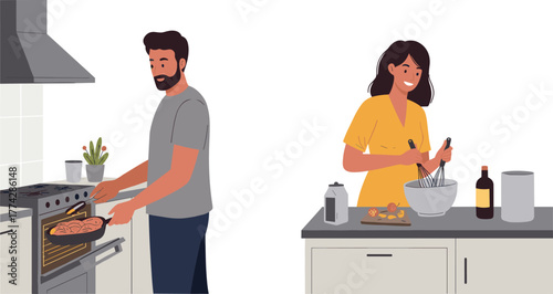 Home cooking activity, kitchen preparation, culinary routine, food mixing, oven baking, domestic lifestyle, meal prep scene, everyday kitchen task, cooking illustration