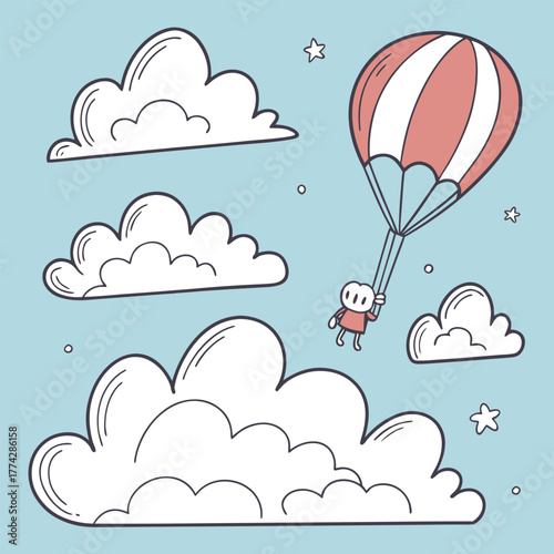 Whimsical Parachutist Floating Amongst Doodle Clouds and Stars
