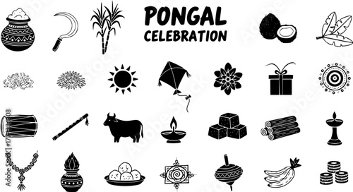 Pongal Celebration Icons Set: Traditional Harvest Festival Symbols, Food, and Cultural Elements