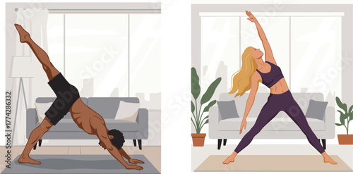 Home yoga practice, indoor fitness, wellness lifestyle, yoga poses, flexible body movement, mindfulness exercise, modern interior, healthy routine, peaceful workout space