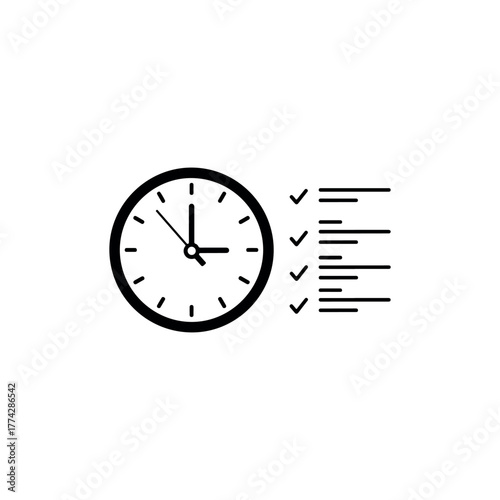 Vector clock with checklist and checkmarks, symbolizing time management, task completion, and productivity
