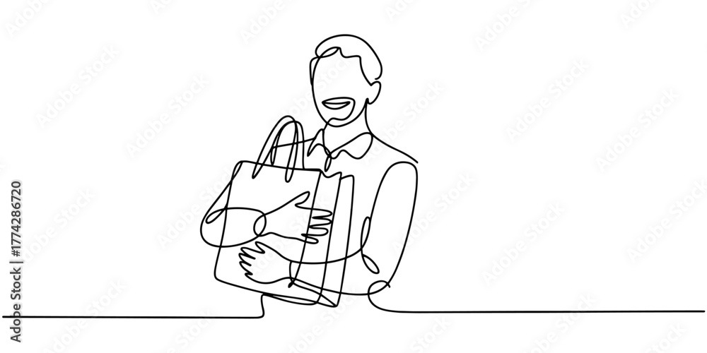 Fototapeta premium Minimalist one-line art of a happy man holding shopping bags, representing retail satisfaction, consumer joy, and modern shopping lifestyle.