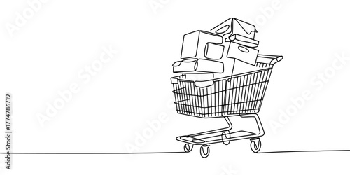 Minimalist one-line art showing a shopping cart filled with boxes, symbolizing retail, delivery, commerce, and online shopping concepts.