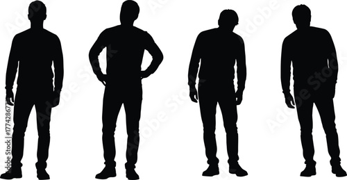 Silhouette of man standing and leaning in various poses, male figure shadow set, human posture concept, black outline vector illustration isolated