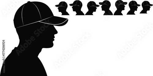Silhouette of man wearing baseball cap side view, male head profile vector illustration, casual fashion concept, sports style design, black and white graphic