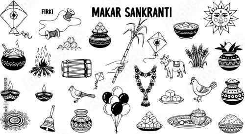 Makar Sankranti festival elements, traditional Indian Hindu harvest celebration symbols, black and white line art vector doodle set.