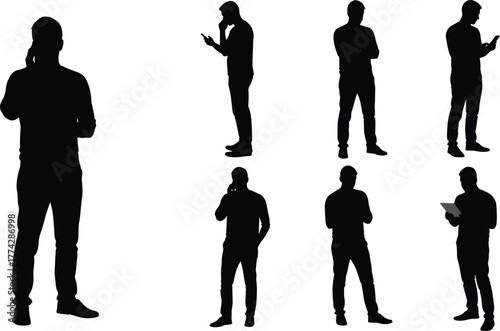 Silhouette of man standing and leaning in various thoughtful poses, using smartphone and tablet, isolated on white background, business concept illustration