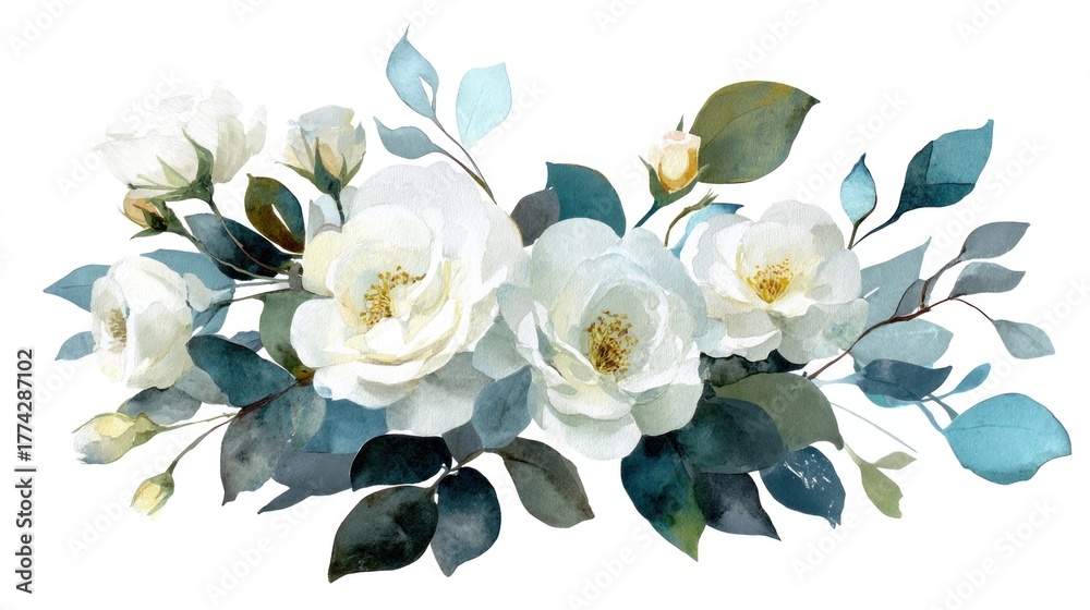 Fototapeta premium A watercolor painting of a white rose bouquet with green leaves and stems, set against a white background with a subtle blue tint.