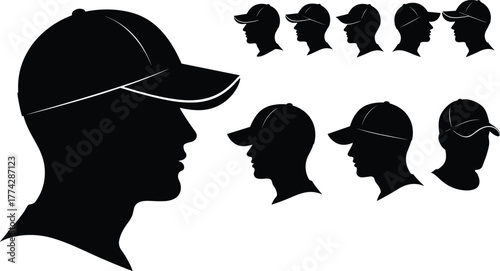 Silhouette of man wearing baseball cap side view, male head profile vector illustration, casual fashion concept, sportswear design, black and white graphic