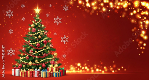 Latar belakang warna merah dan pohon natal 