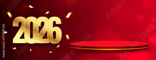 2026 golden text new year banner with 3d podium stand