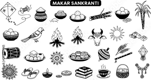 Makar Sankranti Traditional Elements Hand Drawn Vector Icons Set. Indian Hindu Harvest Festival Celebration Symbols.