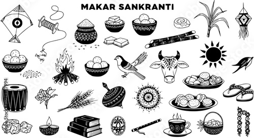 Makar Sankranti Celebration Line Art: Traditional Symbols  Elements for Festive Design