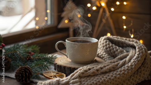 A steaming cup of tea rests on a wooden slice next to a knitted scarf with warm glowing lights in a cozy indoor setting