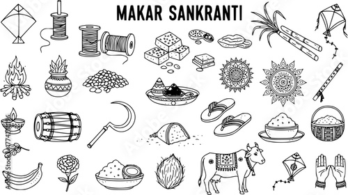 Detailed Hand-Drawn Doodle Icon Set for Makar Sankranti Festival with Kites, Sweets, Sugarcane, and Traditional Elements