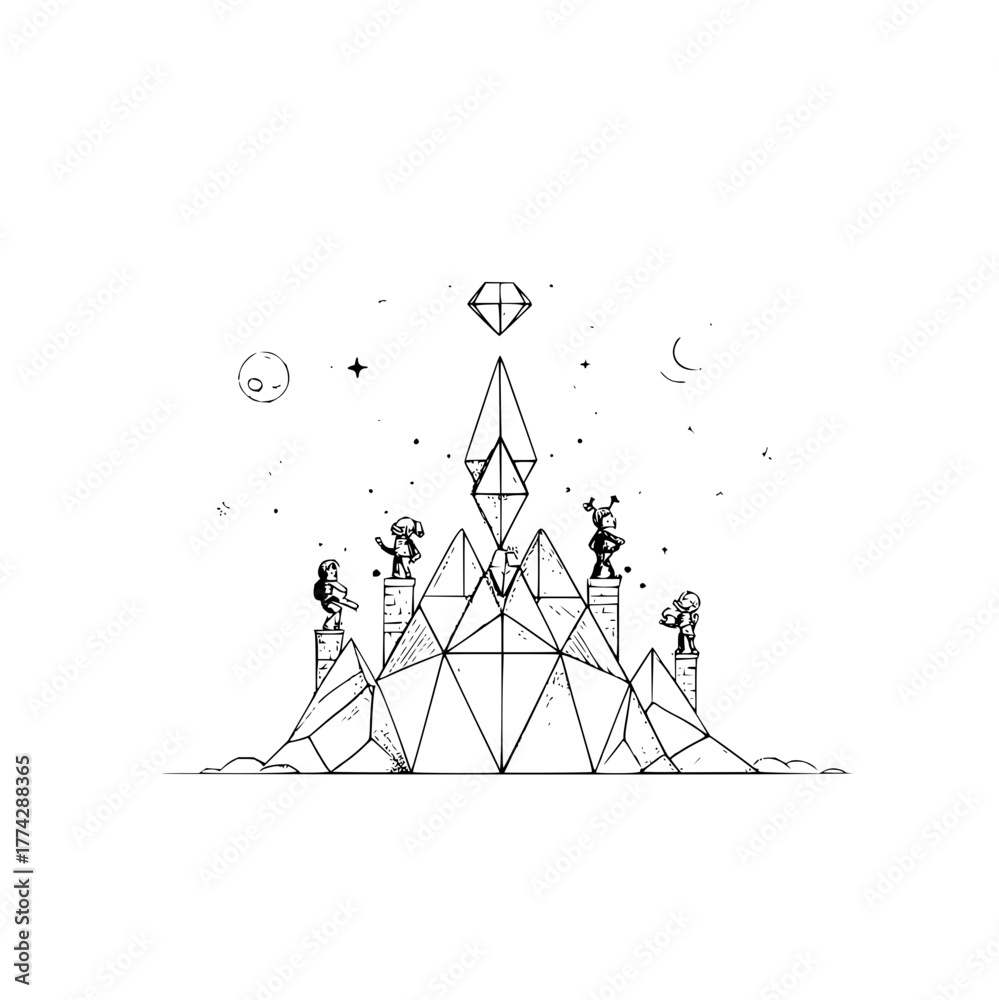 Naklejka premium Geometric mountain peak illustration with diamond and figures vector design graphic art drawing concept
