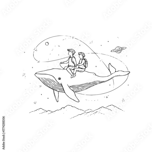 Whale riding adventure drawing with kids in space a whimsical journey illustration for children books art