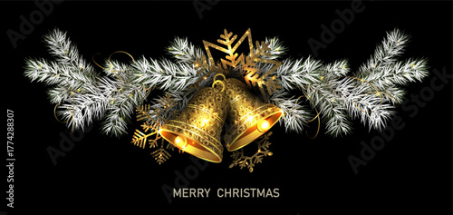Merry Christmas 2026. Isolated garland of gold textured bell Christmas tree branches.