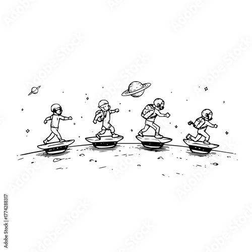 Astronauts in space exploring planets and stars on hoverboards black and white drawing illustration