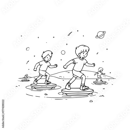 Boys hoverboarding coloring page space adventure drawing outline kids activity fun illustration printable template