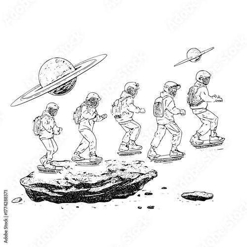 One wheeling on asteroid with planets drawing illustration black and white line art adventure exploration journey