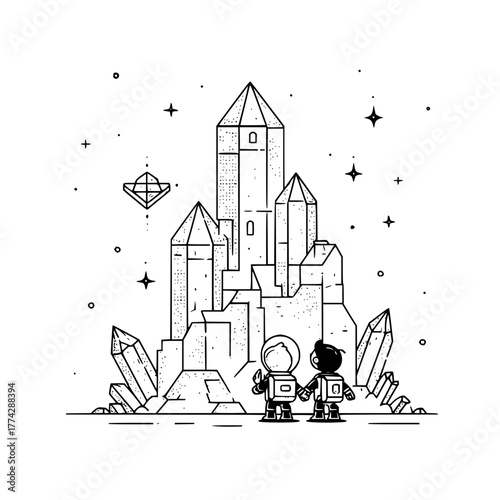 Astronauts exploring crystal city on alien planet space travel adventure vector illustration line art design