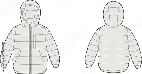 Front and back technical sketch of hooded puffer jacket, quilted design, zipper closure, fashion flat drawing, garment construction, outerwear illustration