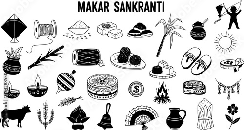 Makar Sankranti Festival Icons Collection. Traditional Indian Harvest Celebration Doodle Set with Sweets, Kites, Sugarcane, Diya Lamps, and Cultural Symbols.