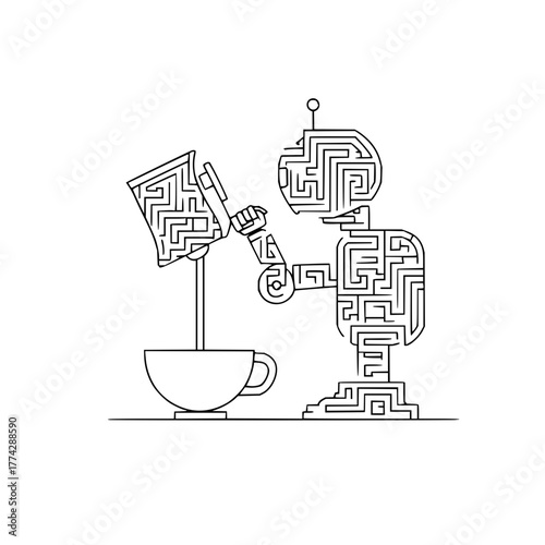 Robot coffee maker maze puzzle game illustration for kids and adults brain teaser challenge activity 100