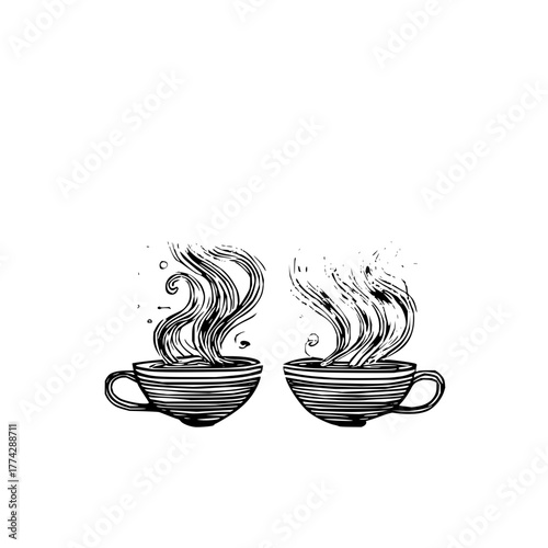 Two steaming cups of coffee vector graphic illustration for coffee shop cafe menu design and branding use