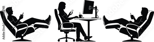 Silhouette of people relaxing and working at home, man and woman using smartphone and computer, modern lifestyle, communication, technology, comfort concept illustration