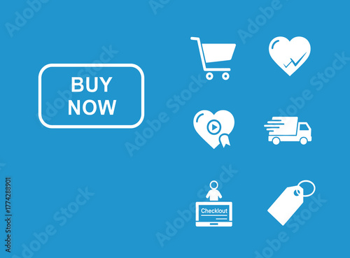 Promotional e-commerce icon set with “BUY NOW” text and shopping, delivery, checkout, and wishlist symbols on blue background