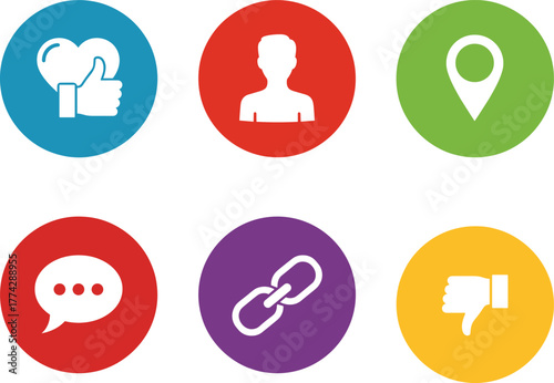Social media icon set, colorful circular buttons with like, dislike, profile, location, chat, and link symbols for UI templates