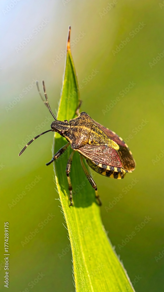 Fototapeta premium A stink bug clinging to a bright green blade of grass in a natural setting