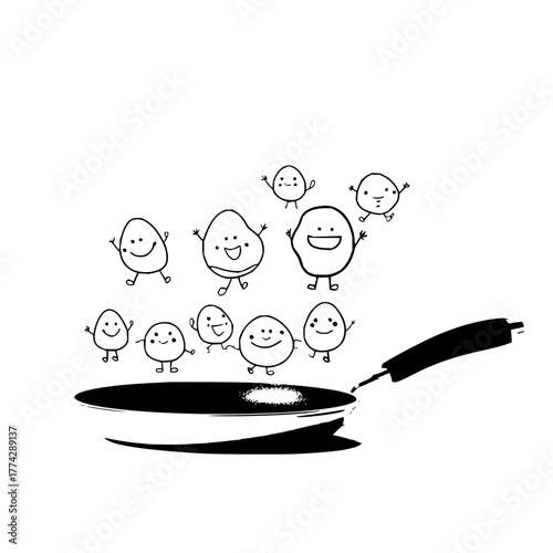 Cartoon eggs in a frying pan illustration cooking breakfast food kitchen happy eggs funny eggs doodle art design