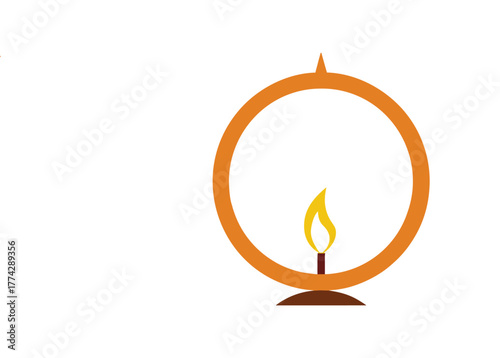 Stylized oil lamp or candle with a bright glowing flame inside an elegant orange circular frame on a crisp white background