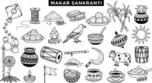 Makar Sankranti Doodle Set: Indian Harvest Festival Line Art