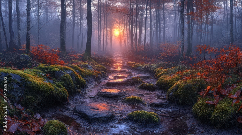 Obraz premium A stone pathway through a misty forest with autumn foliage and a glowing sunrise in the distance