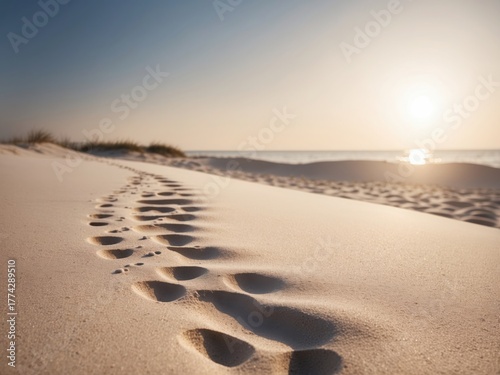 footprints in the sand, Footprints trail along a pristine sandy beach, leading towards the horizon where the sun sets over calm ocean waves. 