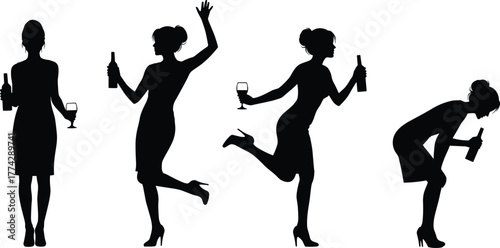 Silhouette of woman holding wine bottle and glass, female drinking and dancing poses, party girl vector illustration, alcohol celebration concept black outline