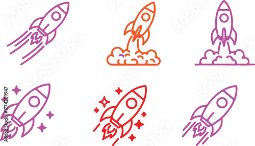 Vector Icons Set of A colorful collection of cartoon rocket ships Various illustrated spacecraft designs launching with fiery exhausts and portholes. EPS Editable