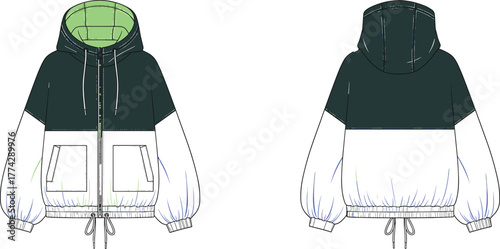 Hooded jacket technical sketch, front and back view, color-block design, puffed sleeves, drawstring hem, fashion illustration, apparel template, garment construction