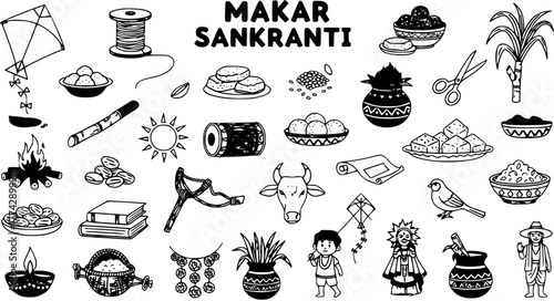 Makar Sankranti Festival Elements Doodle Set - Traditional Indian Harvest Celebration Icons and Symbols