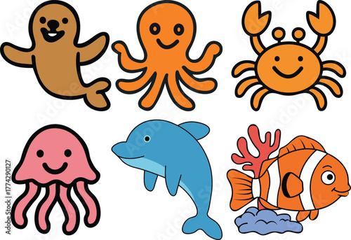Photography A cute cartoon octopus and sea animals set vector illustration collection