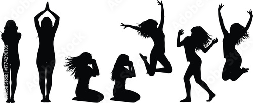 Silhouette of woman jumping, dancing, and posing, energetic female figures in motion, freedom, joy, happiness, fitness, celebration vector art illustration design